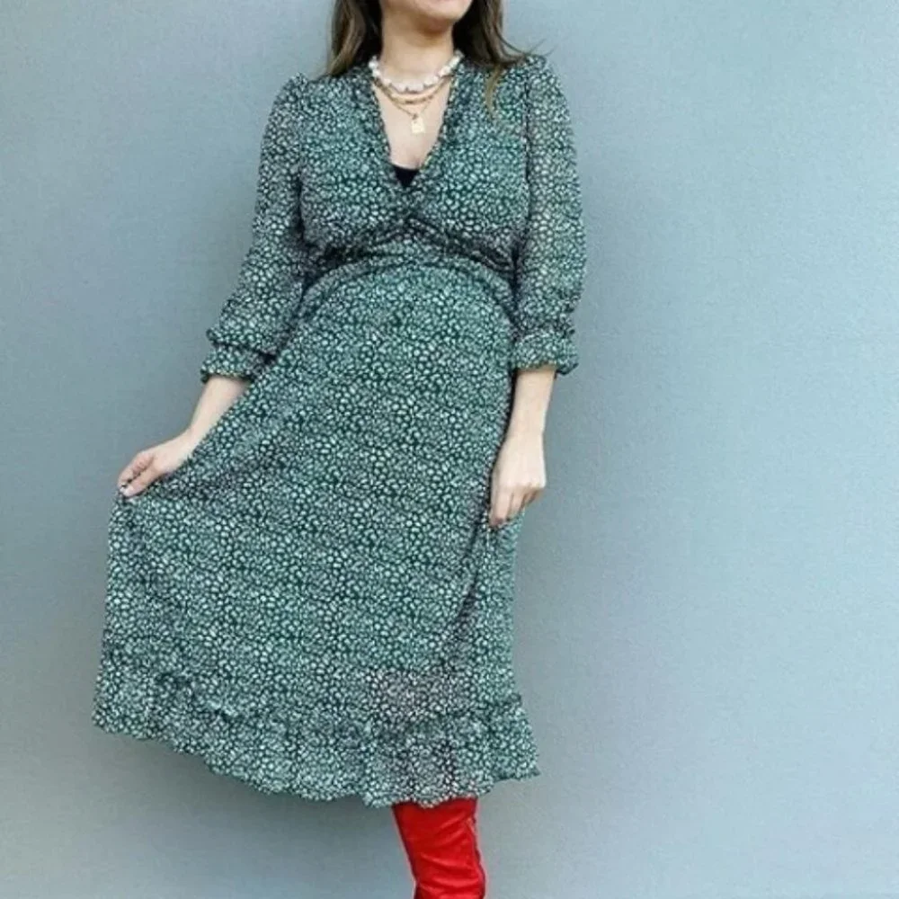 Animal print Ruffle Hem Dress Shabby Chic Cottagecore green - Picture 7 of 7